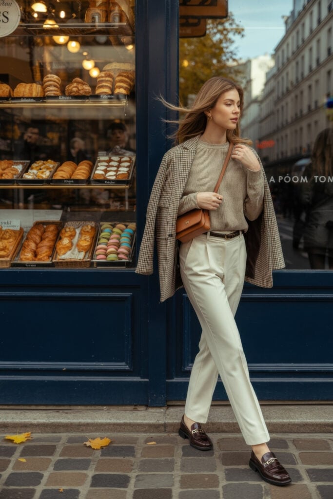 Woman in beige sweater and cream trousers with houndstooth blazer and tan crossbody bag walking past French bakery window