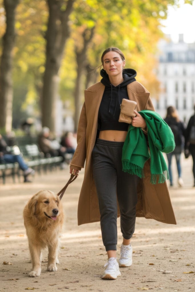 Woman in long camel coat over black cropped hoodie and joggers with green scarf walking golden retriever on tree-lined Parisian street