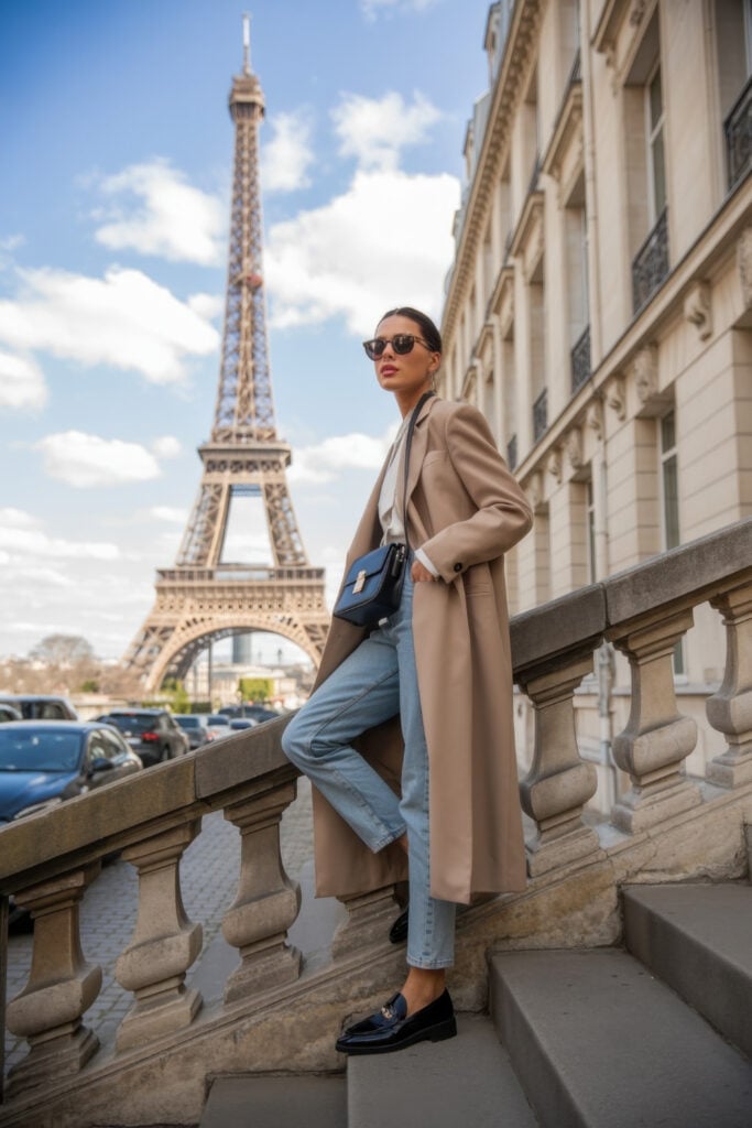 Woman in long beige coat and light blue jeans posing against Parisian architecture with the Eiffel Tower visible in the background