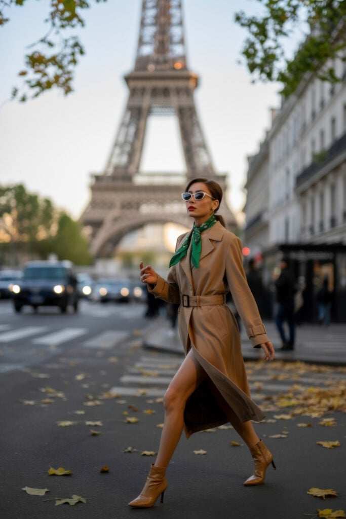 Woman in belted tan trench coat with green silk scarf and sunglasses walking on Paris street with Eiffel Tower in background