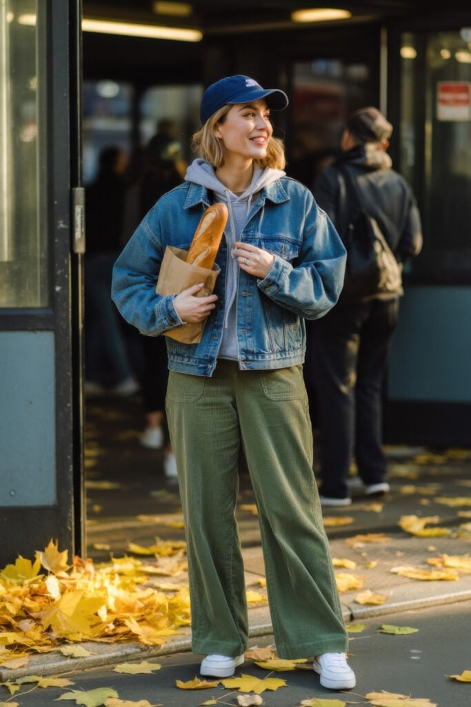 Woman in blue baseball cap, oversized denim jacket and olive corduroy wide-leg pants holding baguette outside Parisian storefront with autumn leaves