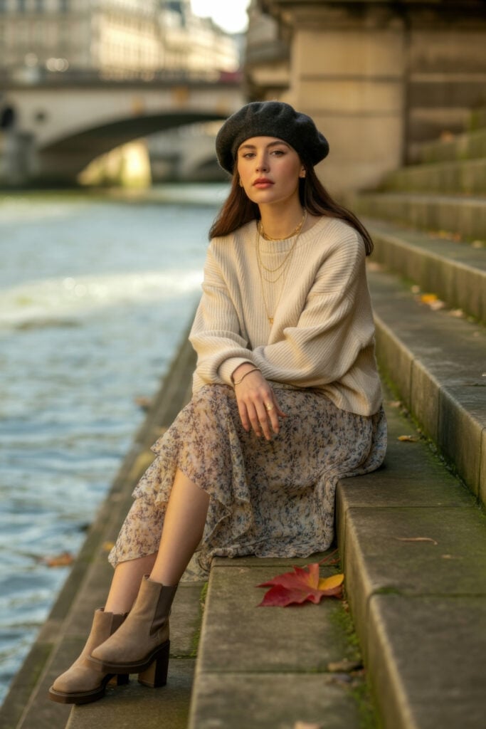 Woman in black beret, cream oversized sweater and floral midi skirt with ankle boots sitting on Seine riverbank stone wall