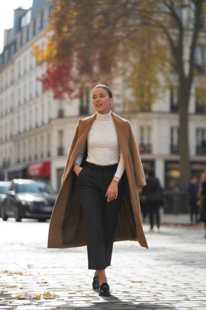 Woman in long camel coat over white turtleneck and black trousers with black loafers walking on cobblestone Parisian street