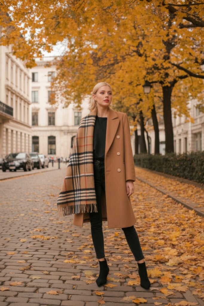 Woman in camel double-breasted coat with plaid scarf and black jeans standing on cobblestone street with golden autumn trees