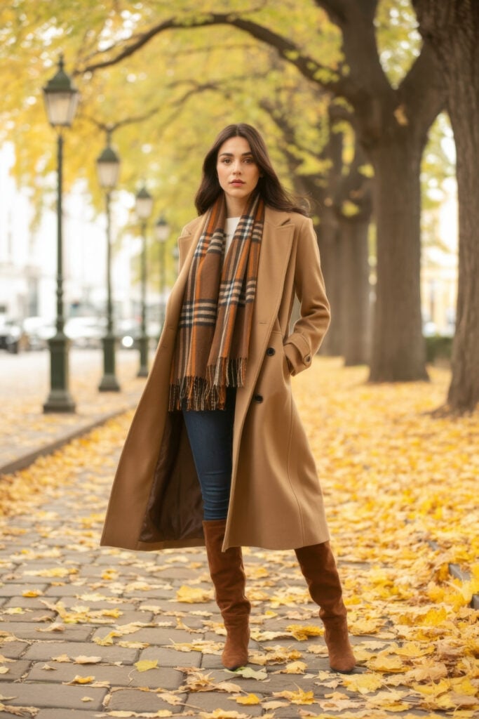 Woman in long camel coat with plaid scarf and brown knee-high boots walking on leaf-covered Parisian path under autumn trees