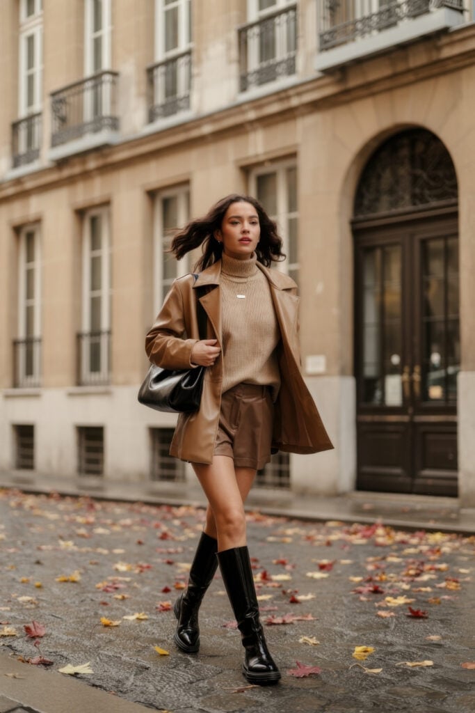 Woman in brown leather jacket, camel turtleneck and brown mini skirt with black knee-high boots walking on Parisian street with autumn leaves