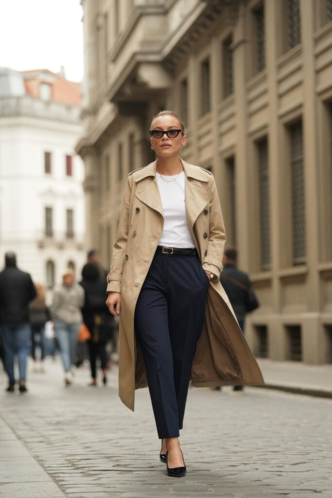 Woman in beige trench coat, white top and navy trousers with black heels and sunglasses on busy Parisian street
