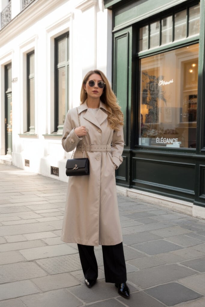 Woman in long belted beige trench coat with black chain handbag and sunglasses standing outside elegant Parisian boutique