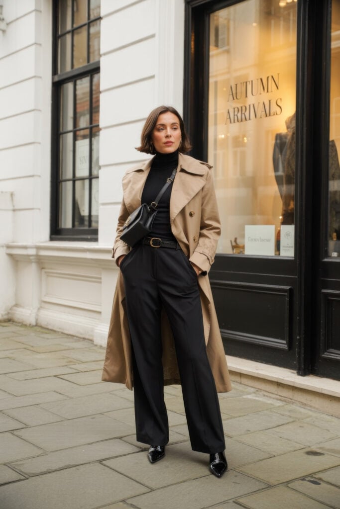 Woman in camel trench coat over black turtleneck and wide-leg trousers with black crossbody bag outside boutique window displaying "Autumn Arrivals"