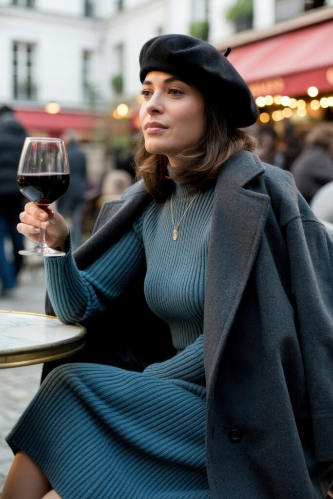 Woman wearing black beret and teal ribbed knit dress with dark gray coat, holding a wine glass at an outdoor Parisian bistro