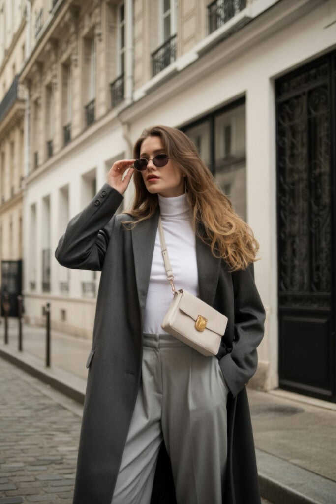 Woman in long gray coat over white turtleneck and gray trousers with white crossbody bag and sunglasses on Parisian street