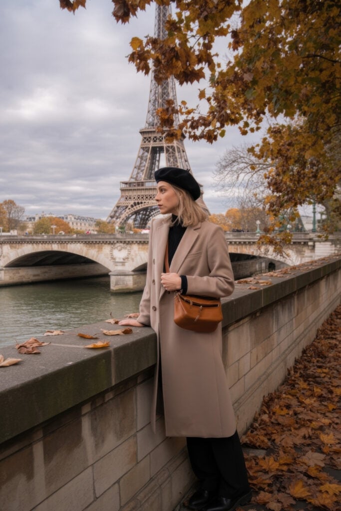 Woman in black beret and long camel coat with tan crossbody bag standing by Seine river with Eiffel Tower and autumn trees in background