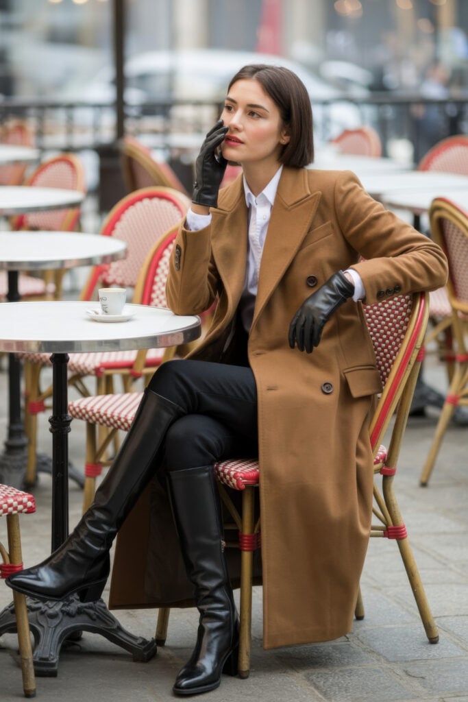 Woman in camel coat and black leather gloves talking on phone while sitting at red wicker Parisian café chair with coffee