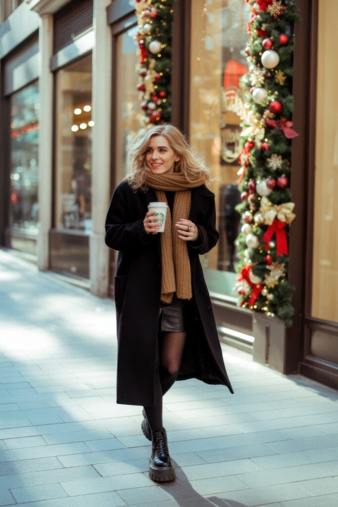Woman in black long coat with camel knit scarf holding coffee cup walking past festive Christmas decorations and garland