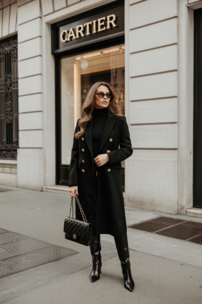 Woman in black double-breasted coat with gold buttons and quilted handbag standing outside Cartier boutique wearing sunglasses