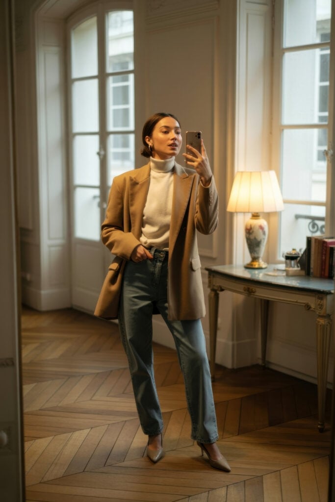 Woman in camel blazer, cream turtleneck, and blue jeans taking a mirror selfie in an elegant Parisian apartment interior