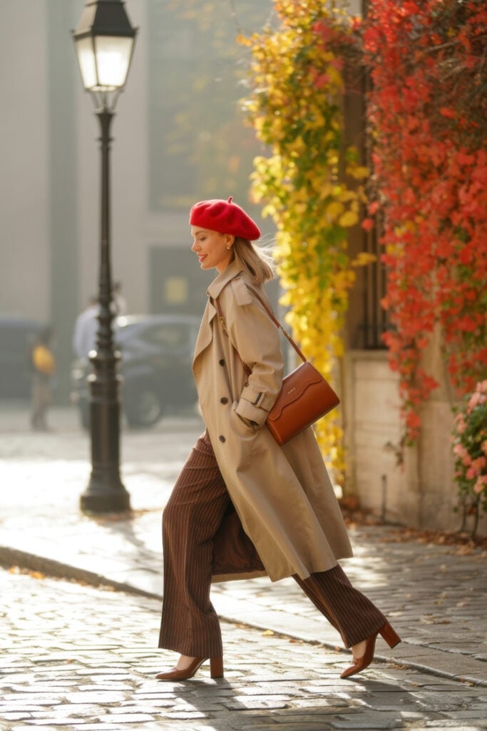 Woman in red beret and beige trench coat with brown handbag walking on cobblestone street with autumn foliage and street lamp