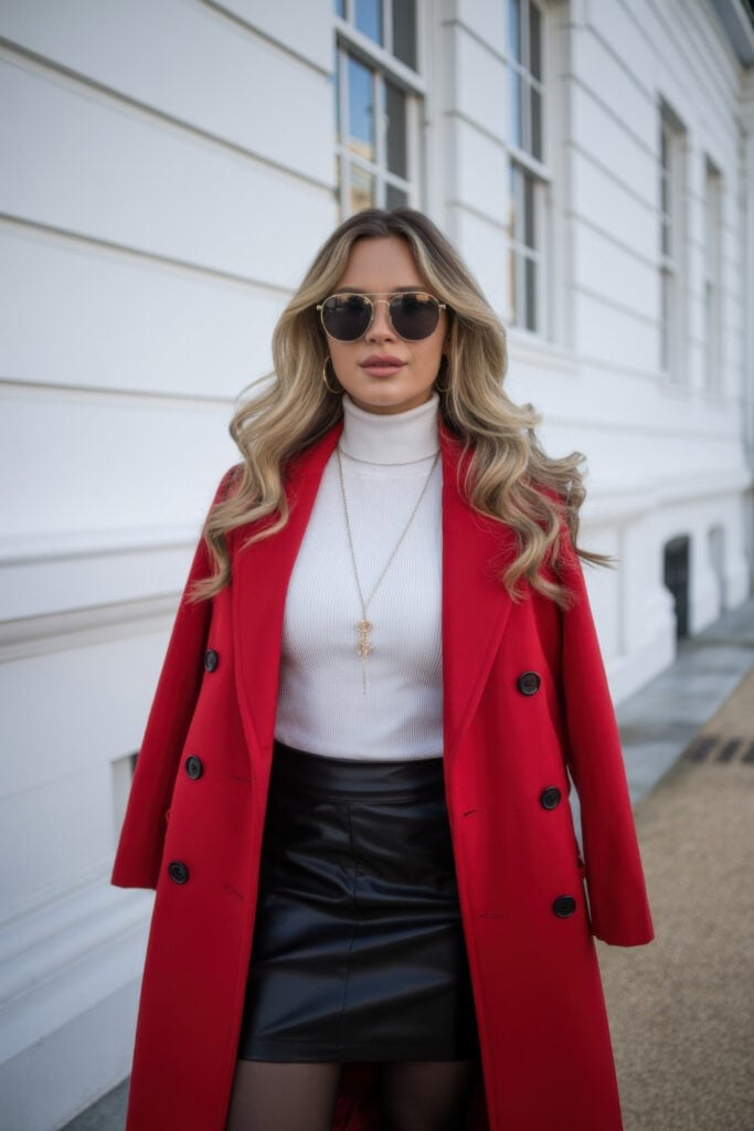 Woman in bright red double-breasted coat over white ribbed turtleneck and black leather mini skirt, wearing sunglasses on Parisian street