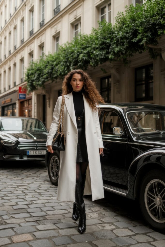 Woman in long cream trench coat over black outfit walking on cobblestone Paris street next to classic black car