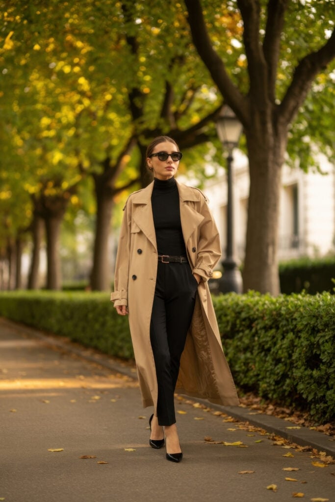 Woman in beige trench coat over black turtleneck and pants walking on tree-lined Parisian street with autumn foliage