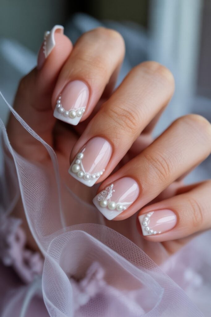 French manicure with white tips decorated with small pearls and delicate lace patterns, styled with white tulle fabric in soft natural lighting.