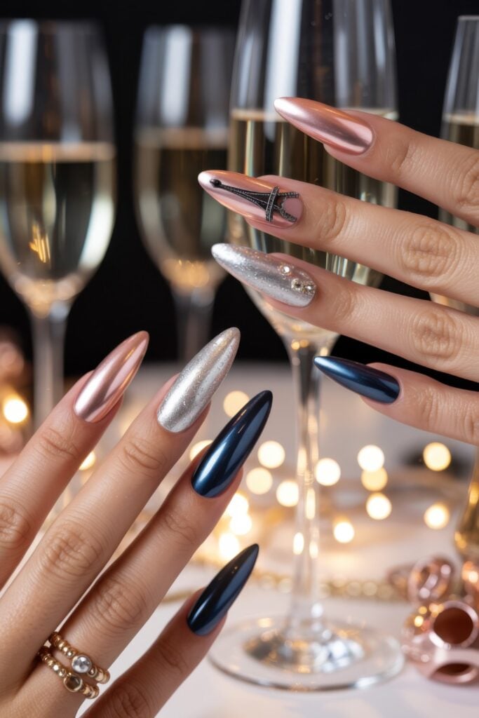 Long stiletto-shaped acrylic nails with rose gold chrome finish, navy blue accents, Eiffel Tower nail art with crystals, photographed with champagne glasses and warm lighting.