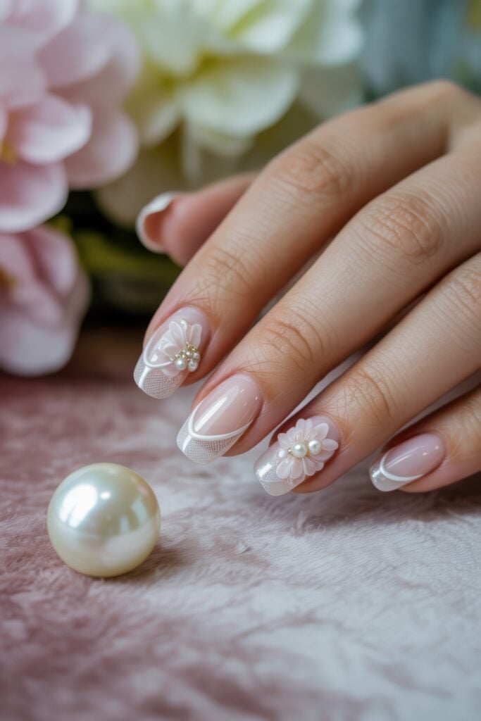 Oval-shaped nails with pink base, white French tips, delicate white floral nail art with pearl centers, styled with pink flowers and pearl accessories.
