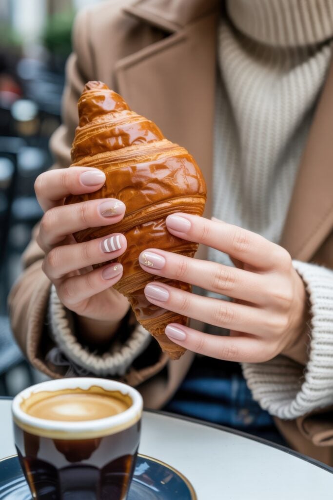 Short rounded nails with pink base featuring small golden croissant nail art designs, photographed while holding a real croissant with coffee in background.