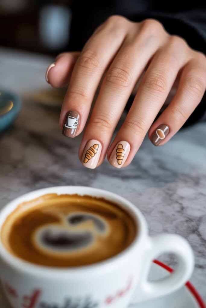 Short rounded nails with brown base colors, featuring coffee cup and croissant nail art designs, styled with coffee cup on marble surface.