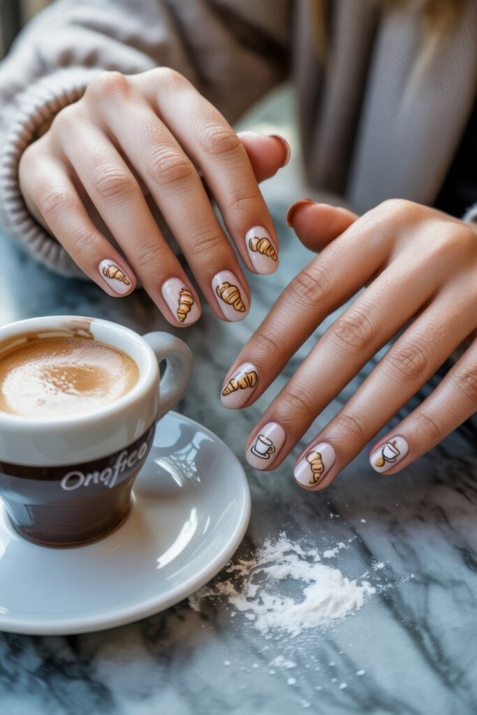 Short oval nails with golden croissant nail art, plus coffee cup designs, photographed with hands around coffee cup on marble café table.