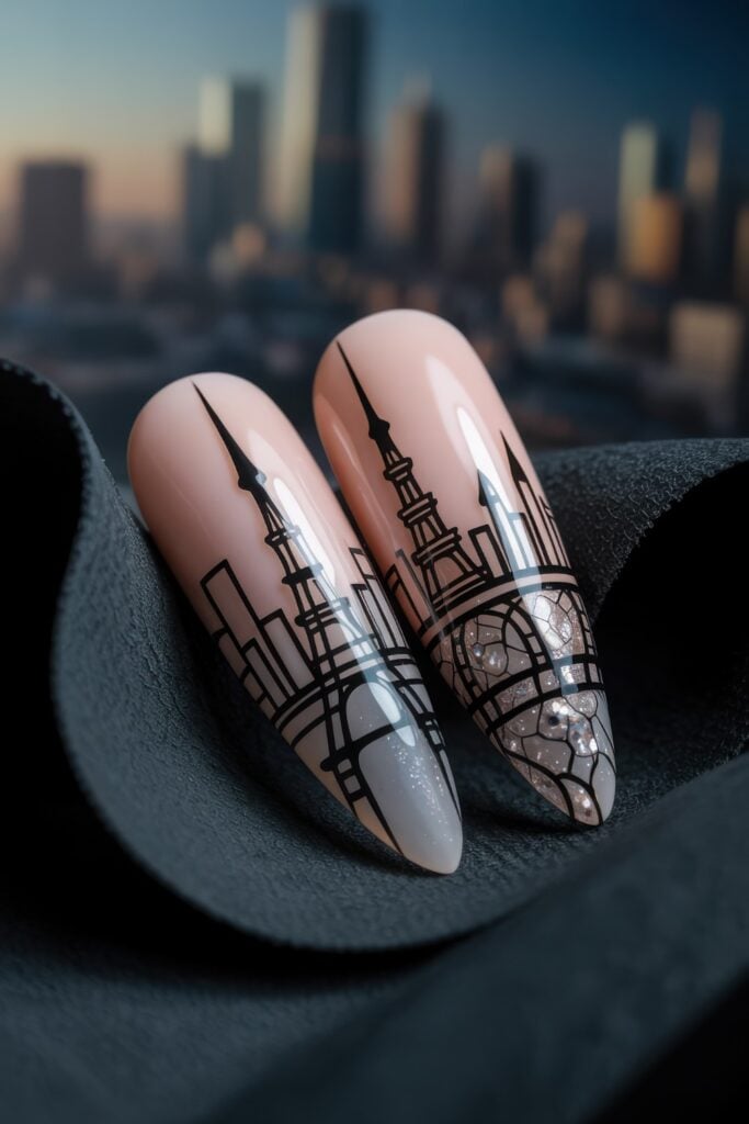 Long almond-shaped nails with pink base featuring detailed black line drawings of Parisian architecture and city skylines, photographed against blurred urban background.