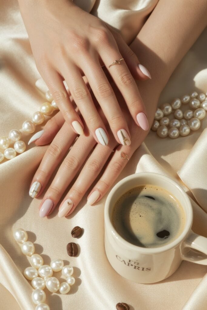 Oval-shaped nails in cream and soft pink with minimalist gold line nail art, styled with coffee cup, pearl accessories, and warm natural lighting on silk fabric.