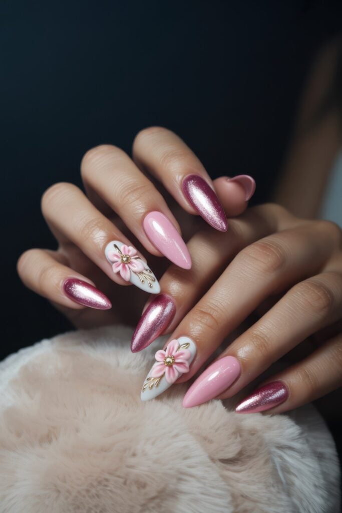 Almond-shaped nails with pink chrome finish and white base, featuring delicate pink floral nail art with gold details, styled with white fur texture.