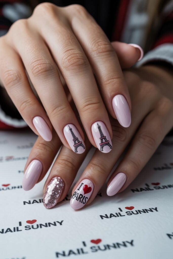 Oval-shaped nails in soft pink with black Eiffel Tower designs, rose gold glitter accent nail, and "I Love Paris" text art on a salon table.