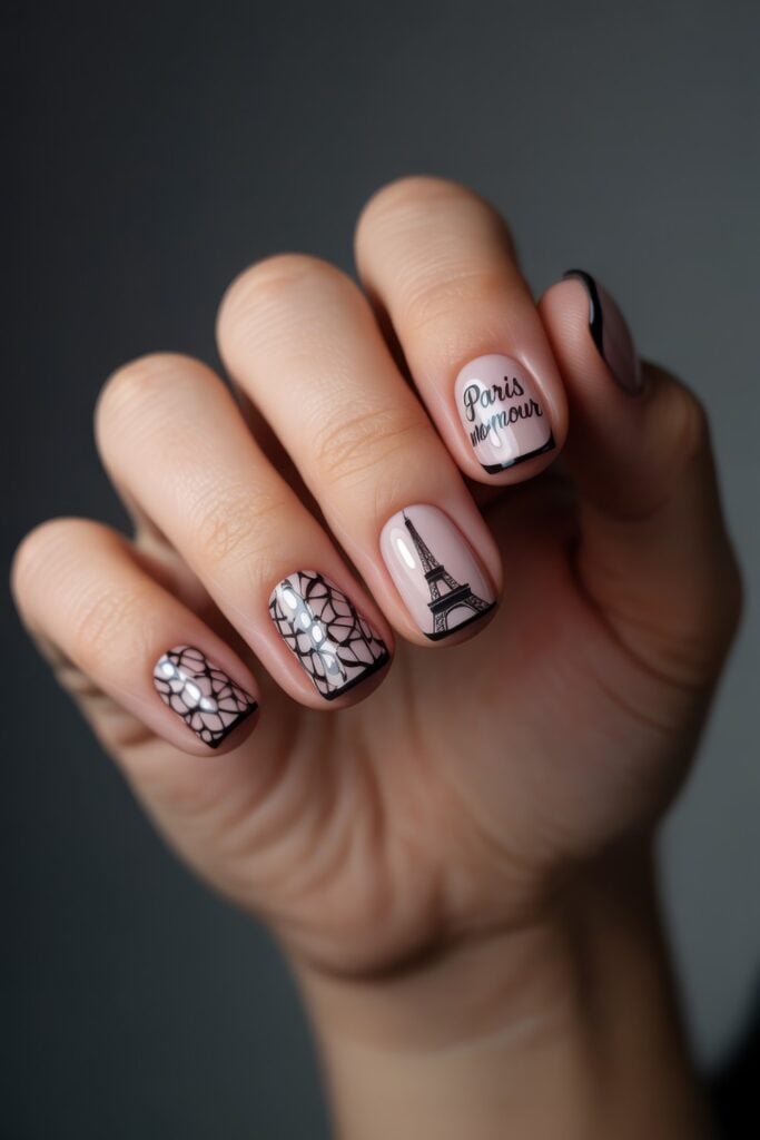 Short square nails with pink base featuring black lace patterns, Eiffel Tower designs, and "Paris mon amour" script lettering against neutral background.