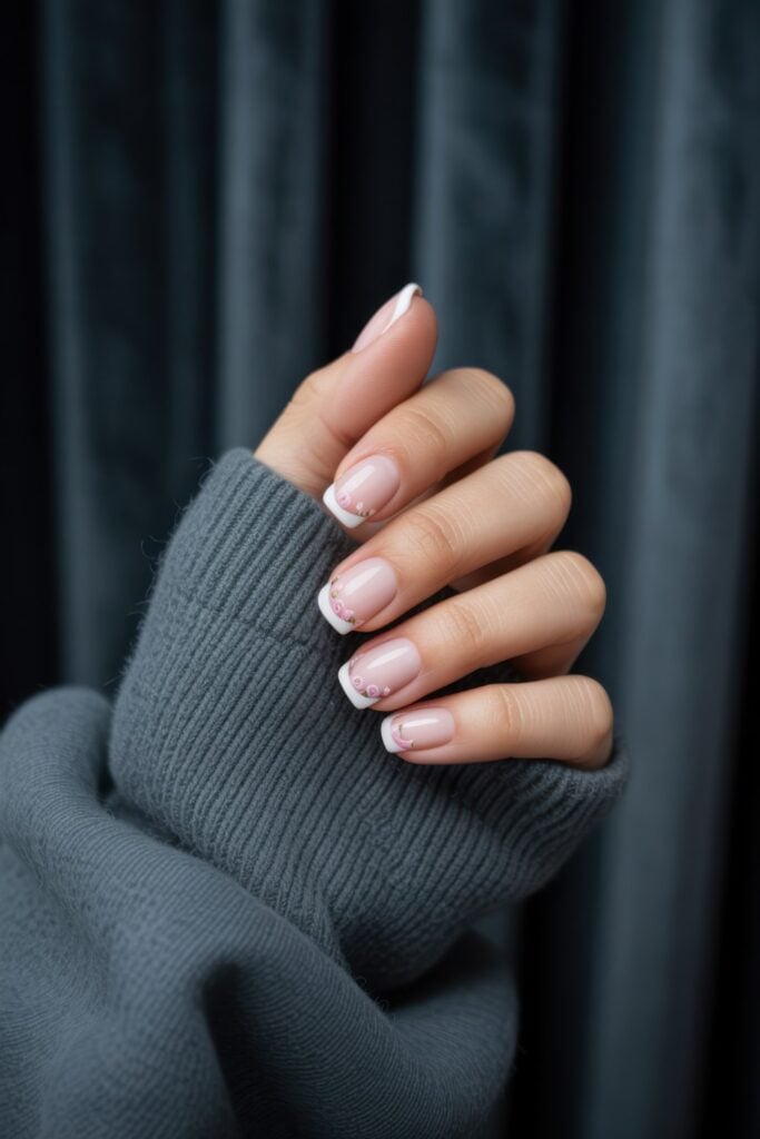 Oval-shaped nails with classic French manicure and small pink dots along white tips, photographed in cozy sweater sleeves against dark background.