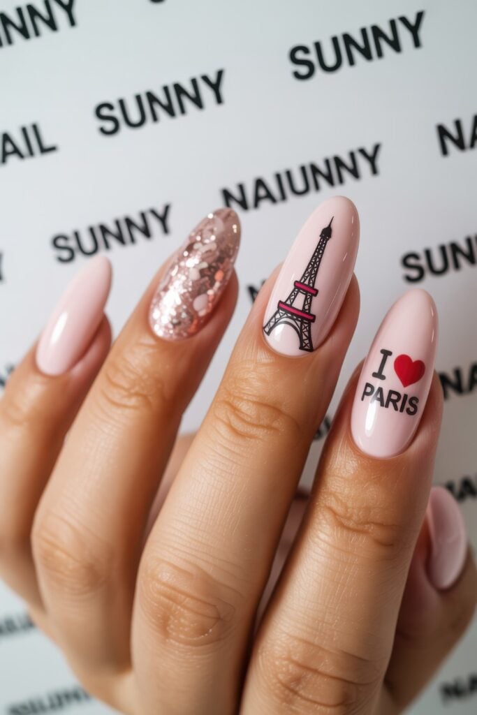 Long almond-shaped nails with pink base, rose gold glitter accent, Eiffel Tower nail art, and "I Love Paris" text on salon backdrop.