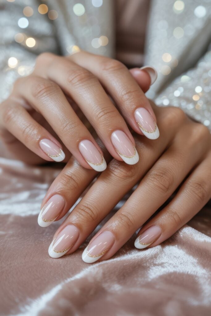 Oval-shaped nails with pink base, white French tips, and delicate gold chain detail accents, photographed with soft bokeh lighting in background.