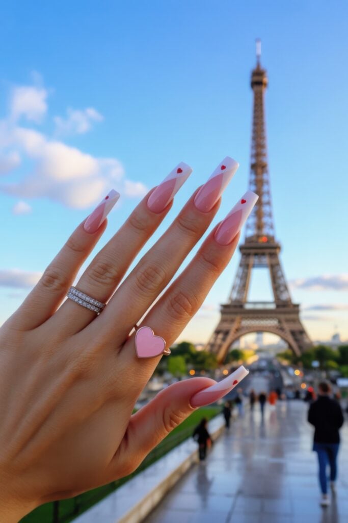 Long coffin-shaped nails, white tips, and small red heart accents, photographed in front of Eiffel Tower with pink heart ring visible.