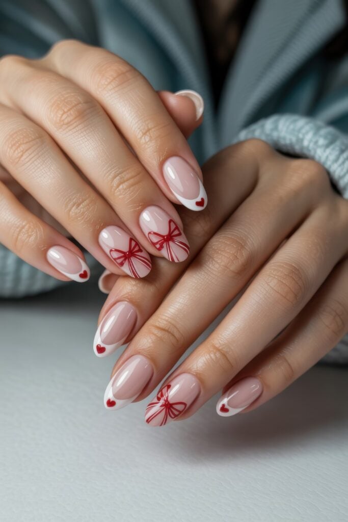 Oval-shaped nails with pink base, white French tips featuring red bow nail art and small red heart details, photographed in natural lighting.
