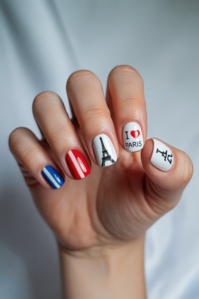 Short rounded nails featuring French flag colors (red, white, blue), Eiffel Tower nail art, and "I Love Paris" text on a white background.