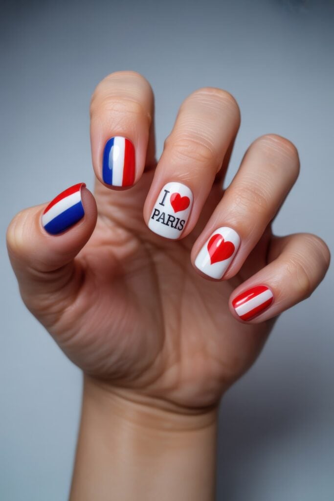 Short rounded nails featuring French flag colors in stripes, "I Love Paris" text, red heart design, and patriotic red and white striped accent nail against gray background.