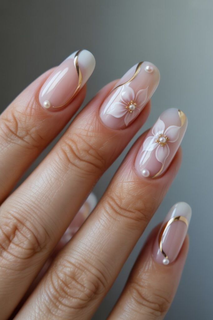 Long coffin-shaped nails featuring white floral designs with pearl centers, gold curved line accents, and scattered pearl decorations against soft gray background.