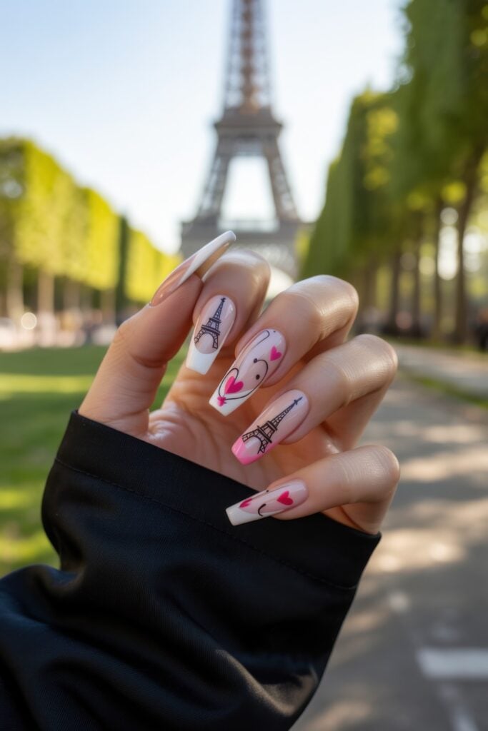 Long coffin-shaped nails with white base featuring Eiffel Tower designs, cute emoji face with heart eyes, and pink accent details, photographed in front of Eiffel Tower.