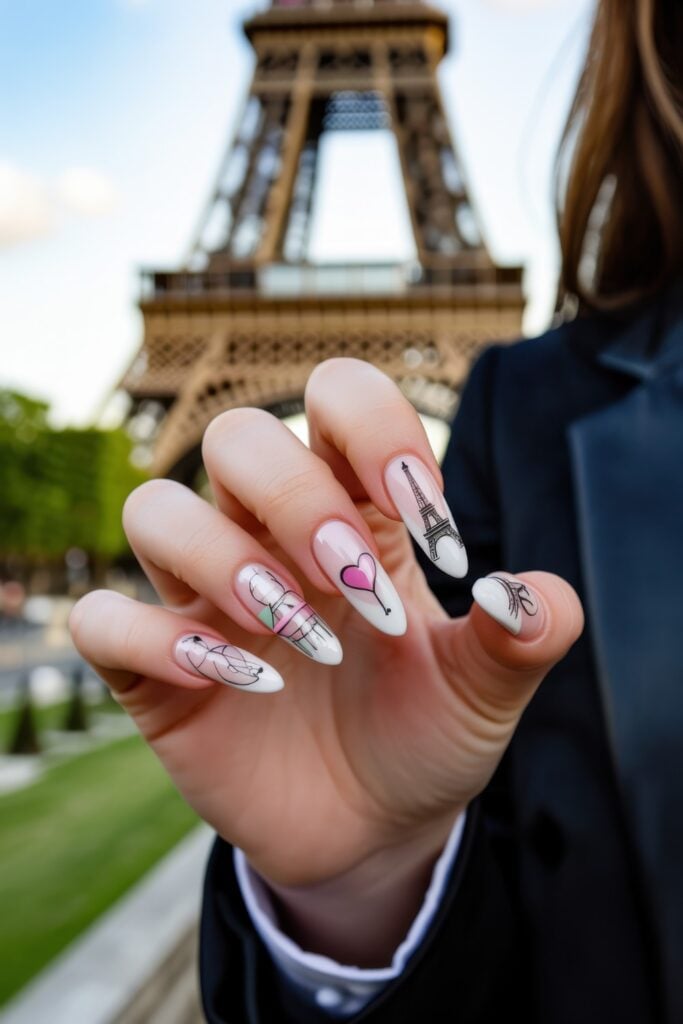 Long oval-shaped nails with white base featuring black line art of Parisian icons including Eiffel Tower, croissants, and other French motifs with pink heart accent, photographed near Eiffel Tower.