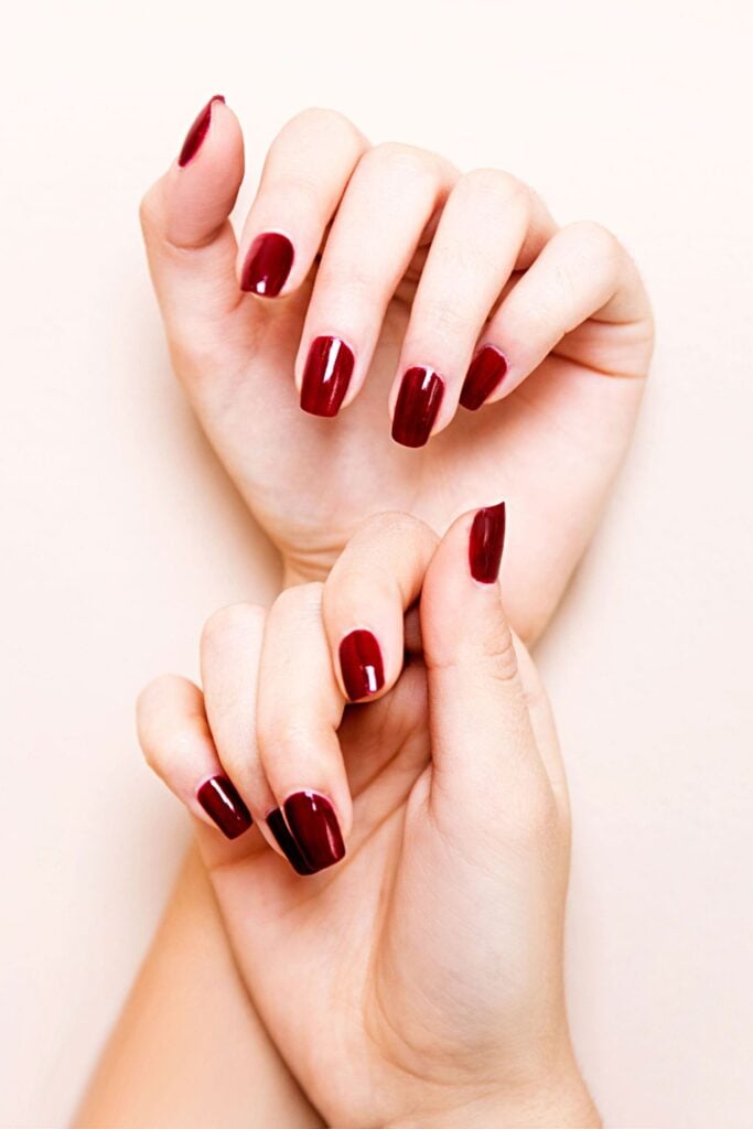 Short oval nails painted in deep burgundy red polish, photographed with hands overlapping against white background showing classic manicure style.