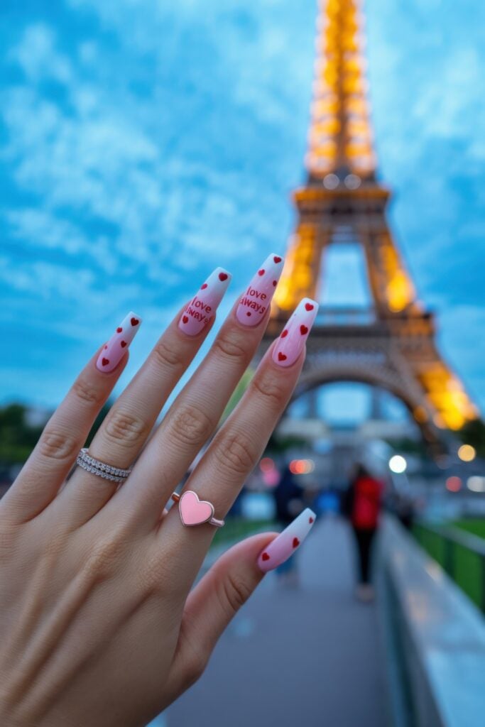 Long almond-shaped nails with light pink base, red heart patterns, and "love always" text, photographed at dusk with illuminated Eiffel Tower in background.