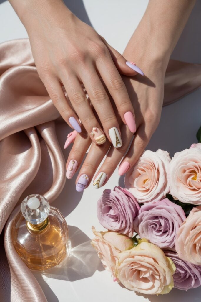 Almond-shaped nails in pastel colors (lavender, pink, cream) with gold Eiffel Tower designs and glitter accents, styled with roses and perfume bottle.