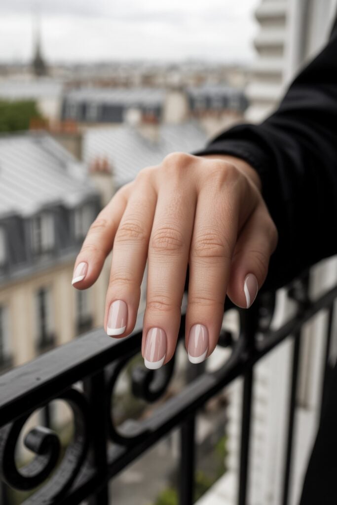 Classic French manicure with pink base and white tips on oval-shaped nails, photographed on a Parisian balcony with traditional architecture in the background.