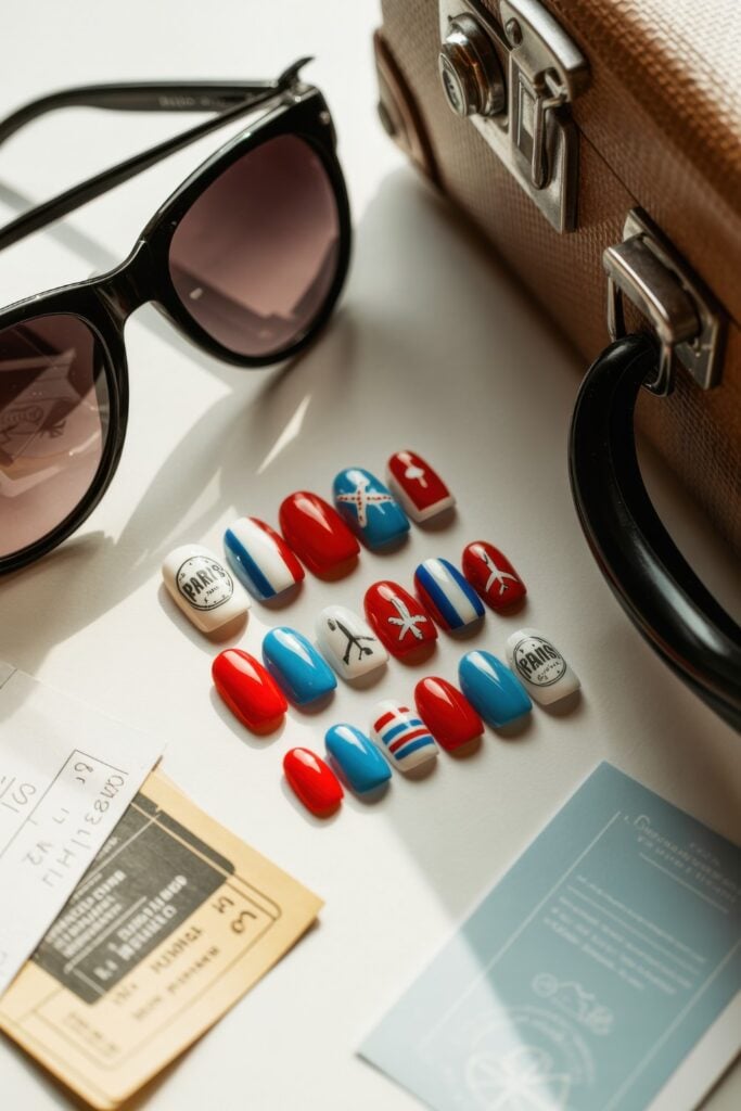 Press-on nails in French flag colors featuring Eiffel Tower designs and Paris stamps, styled with sunglasses, vintage camera, and travel documents on white surface.
